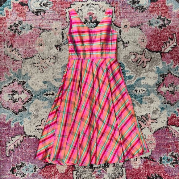 Coldwater Creek Vintage Pink Plaid Silk 60’s Style Sleeveless Dress Size 8 - Picture 2 of 8